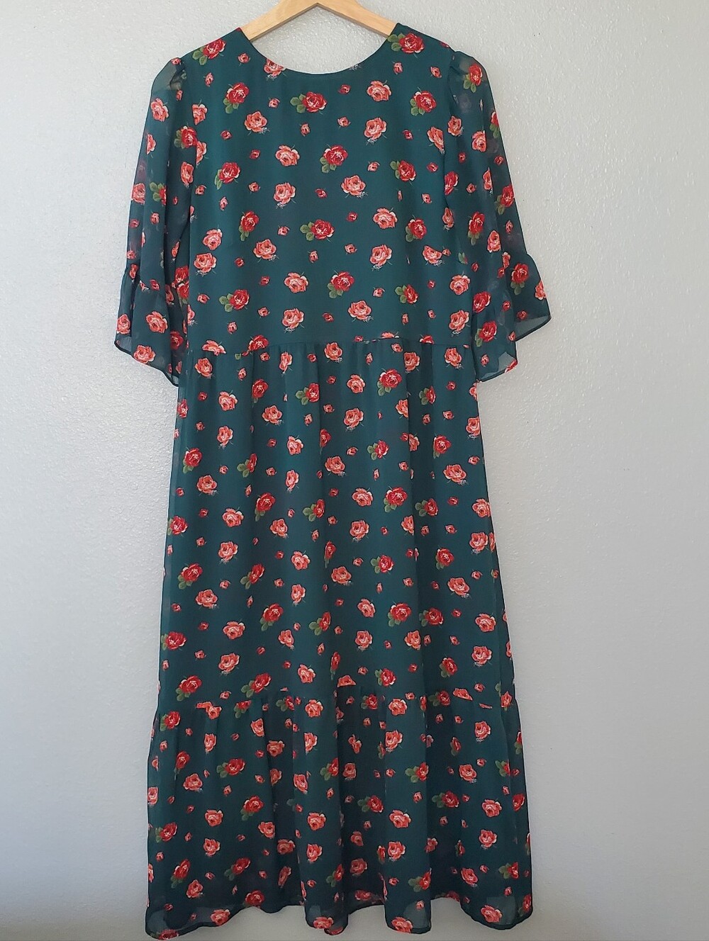 LOFT Teal Maxi Dress with Red Rose Print - Size 8